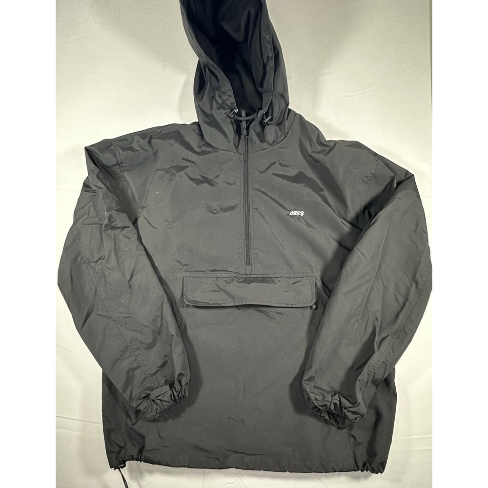 Obey Hooded Windbreaker Jacket Mens Size Large Black Pullover Quarter Zip Pocket